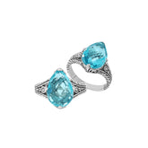 Handcrafted Sterling Silver Blue Topaz Quartz Teardrop Royal Elegance Heritage Ring With Balinese Detailing.